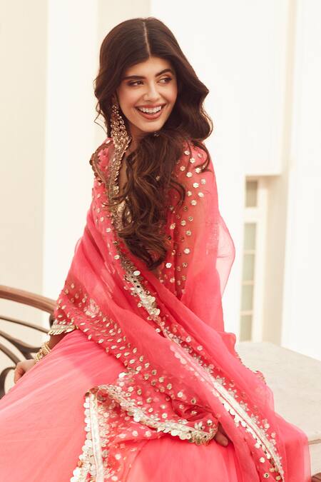 Abhinav Mishra_Pink Organza Mirror V Neck Bridal Lehenga Set Embroidered Blouse_Online_at_Aza_Fashions