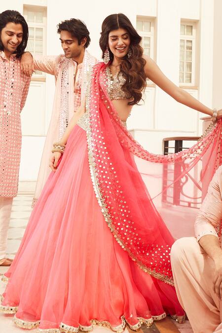 Buy_Abhinav Mishra_Pink Organza Mirror V Neck Bridal Lehenga Set Embroidered Blouse_Online_at_Aza_Fashions