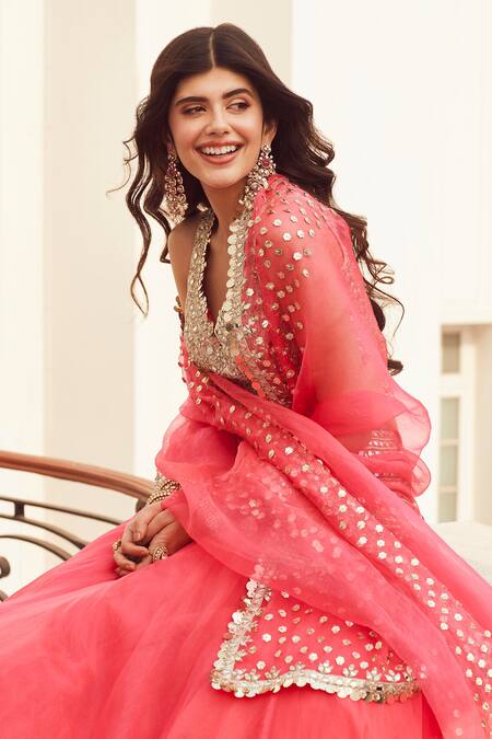 Abhinav Mishra_Pink Organza Mirror V Neck Bridal Lehenga Set Embroidered Blouse_at_Aza_Fashions
