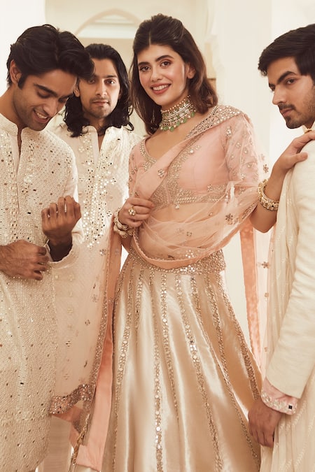 Buy_Abhinav Mishra_Gold Blouse- Chanderi Silk, Dupatta - Net, Lehenga- Banarasi Work Bridal Set _Online_at_Aza_Fashions