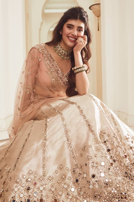 Shop_Abhinav Mishra_Gold Blouse- Chanderi Silk, Dupatta - Net, Lehenga- Banarasi Work Bridal Set _Online_at_Aza_Fashions
