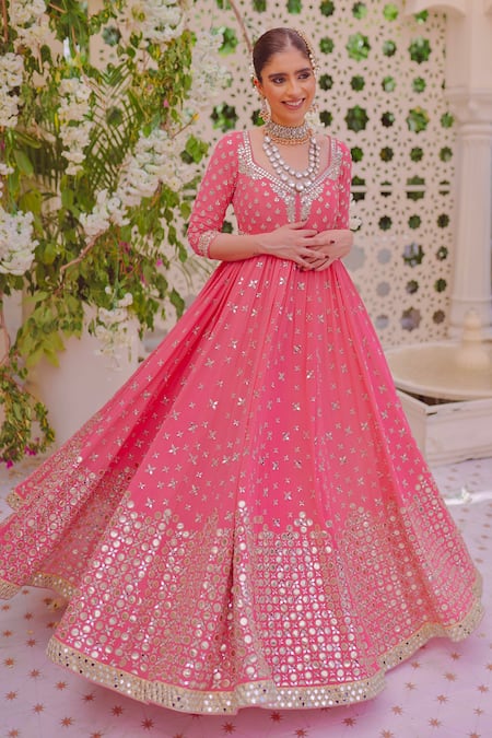 Abhinav Mishra Pink Anarkali Silk Chanderi Embellished Mirror V Neck Work With Dupatta 