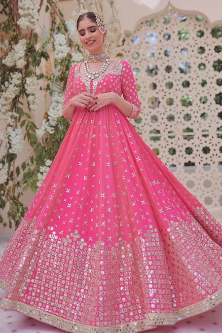 Abhinav Mishra_Pink Anarkali Silk Chanderi, Dupatta Net Leather, Mirror V Neck Work With_Online_at_Aza_Fashions