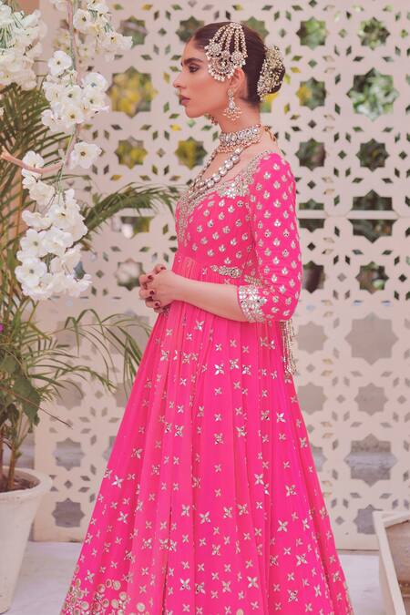 Buy_Abhinav Mishra_Pink Anarkali Silk Chanderi, Dupatta Net Leather, Mirror V Neck Work With_Online_at_Aza_Fashions