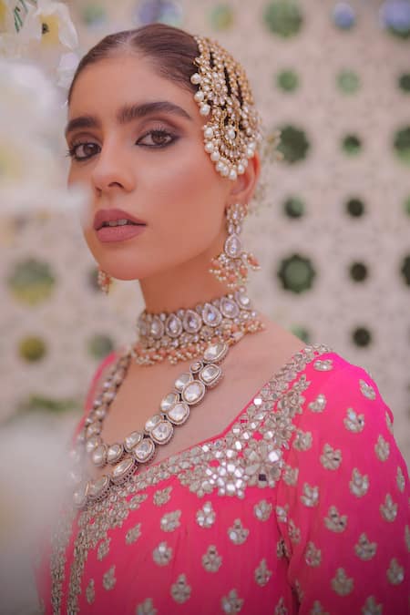 Shop_Abhinav Mishra_Pink Anarkali Silk Chanderi, Dupatta Net Leather, Mirror V Neck Work With_Online_at_Aza_Fashions