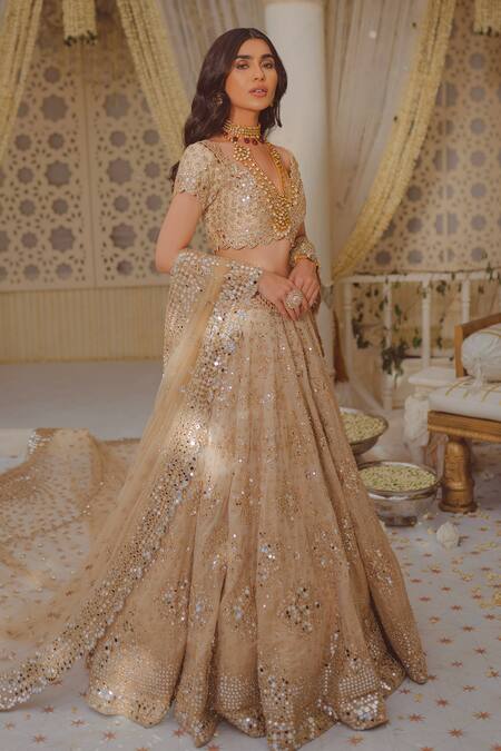 Shop_Abhinav Mishra_Gold Dupatta And Blouse- Net, Lehenga Tissue Mirror, Zari V Neck Work Bridal Set_at_Aza_Fashions