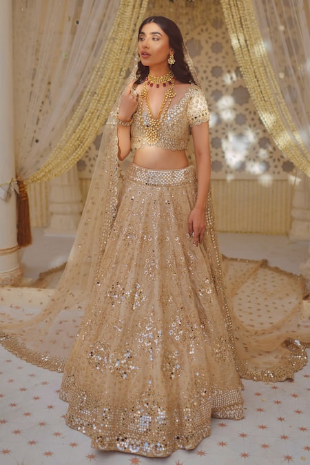 Abhinav Mishra_Gold Dupatta And Blouse- Net, Lehenga Tissue Mirror, Zari V Neck Work Bridal Set_Online_at_Aza_Fashions