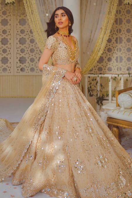 Buy_Abhinav Mishra_Gold Dupatta And Blouse- Net, Lehenga Tissue Mirror, Zari V Neck Work Bridal Set_Online_at_Aza_Fashions