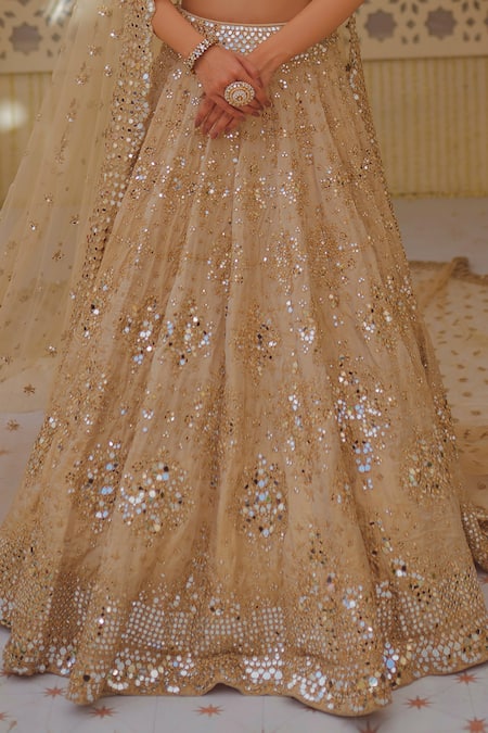 Shop_Abhinav Mishra_Gold Dupatta And Blouse- Net, Lehenga Tissue Mirror, Zari V Neck Work Bridal Set_Online_at_Aza_Fashions