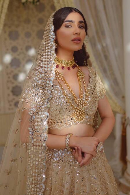 Abhinav Mishra_Gold Dupatta And Blouse- Net, Lehenga Tissue Mirror, Zari V Neck Work Bridal Set_at_Aza_Fashions