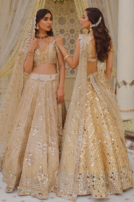 Shop_Abhinav Mishra_Gold Net Gota, Mirror V Neck Work Bridal Lehenga Set _at_Aza_Fashions