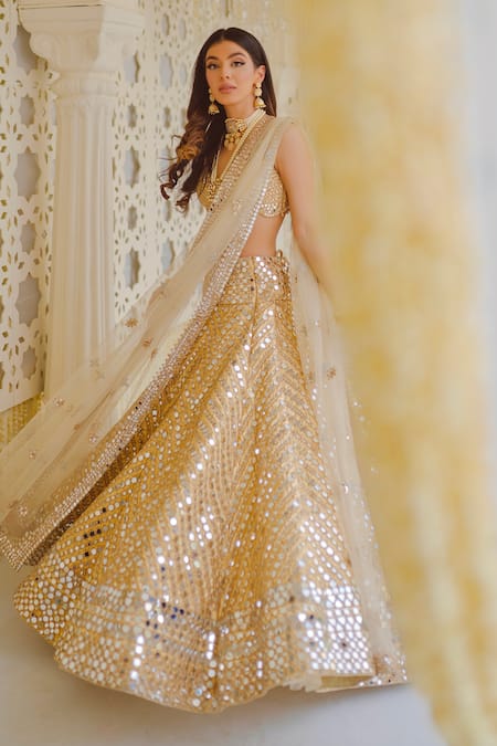 Abhinav Mishra_Gold Net Gota, Mirror V Neck Work Bridal Lehenga Set _Online_at_Aza_Fashions