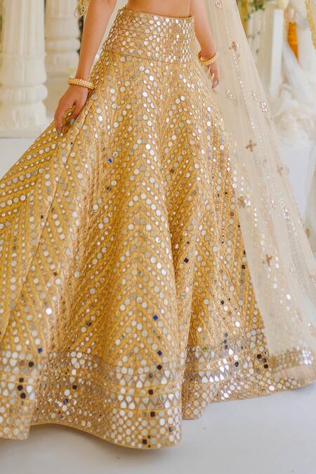 Shop_Abhinav Mishra_Gold Net Gota, Mirror V Neck Work Bridal Lehenga Set _Online_at_Aza_Fashions