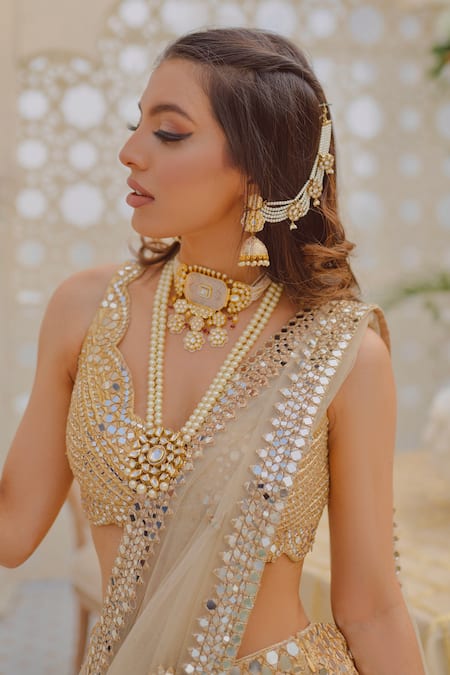 Abhinav Mishra_Gold Net Gota, Mirror V Neck Work Bridal Lehenga Set _at_Aza_Fashions
