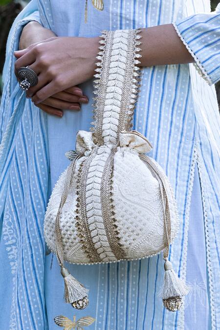 Amyra_White Embroidery, Beads, Tassels Mughal Handcrafted Potli Bag_Online_at_Aza_Fashions