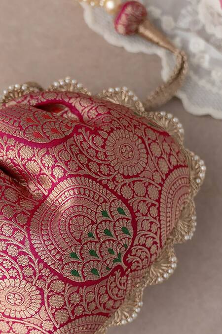 Amyra_Pink Embroidery, Lace Kashi Floral Woven Potli _Online_at_Aza_Fashions
