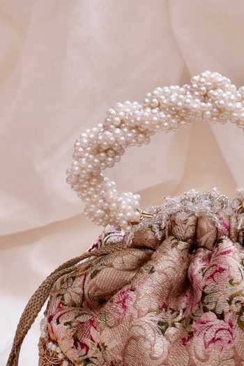 AMYRA_Pink Pearls, Fringe Elora Woven Potli _Online_at_Aza_Fashions