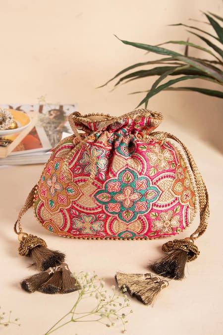 Amyra_Beige Embroidery, Beads, Tassels Amna Handcrafted Potli Bag _Online_at_Aza_Fashions