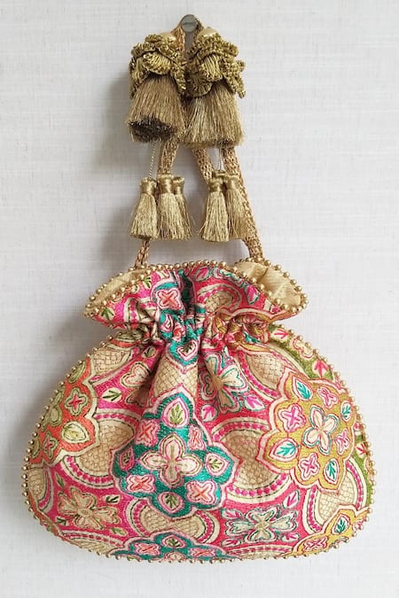 Buy_Amyra_Beige Embroidery, Beads, Tassels Amna Handcrafted Potli Bag _Online_at_Aza_Fashions