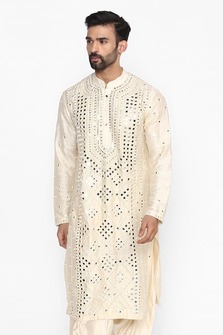 Abhinav Mishra Beige Raw Silk Embroidered Long Kurta 