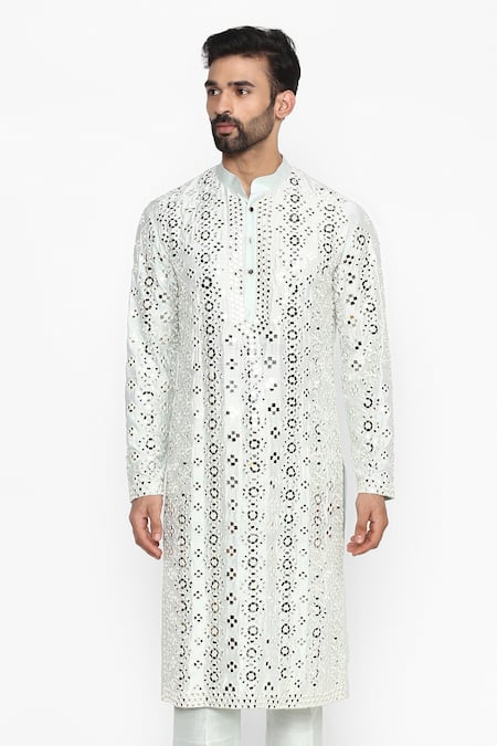 Abhinav Mishra Blue Raw Silk Embroidered Long Kurta 