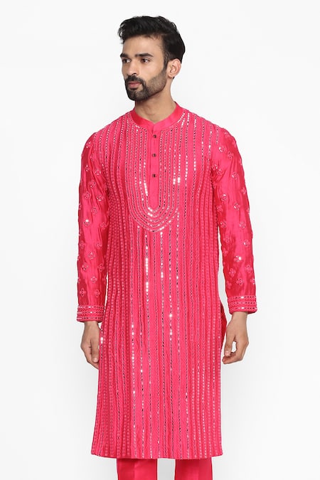 Abhinav Mishra Pink Raw Silk Embroidered Long Kurta 