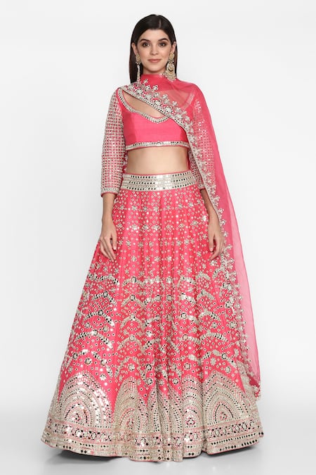 Abhinav Mishra Pink Raw Silk, Organza V Neck Embroidered Lehenga Set Online at Aza Fashions Abhinav Mishra_Pink Raw Silk, Organza V Neck Embroidered Lehenga Set _Online_at_Aza_Fashions
