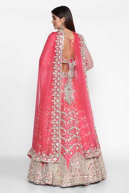Shop Abhinav Mishra Pink Raw Silk, Organza V Neck Embroidered Lehenga Set at Aza Fashions Shop_Abhinav Mishra_Pink Raw Silk, Organza V Neck Embroidered Lehenga Set _at_Aza_Fashions