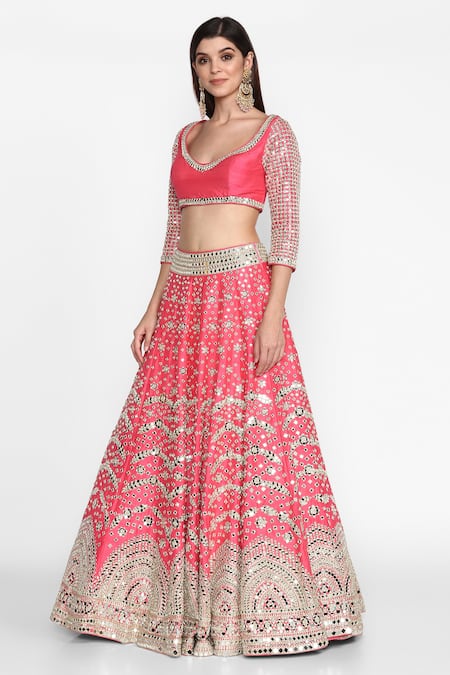 Shop Abhinav Mishra Pink Raw Silk, Organza V Neck Embroidered Lehenga Set Online at Aza Fashions Shop_Abhinav Mishra_Pink Raw Silk, Organza V Neck Embroidered Lehenga Set _Online_at_Aza_Fashions