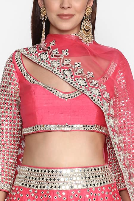 Abhinav Mishra Pink Raw Silk, Organza V Neck Embroidered Lehenga Set at Aza Fashions Abhinav Mishra_Pink Raw Silk, Organza V Neck Embroidered Lehenga Set _at_Aza_Fashions