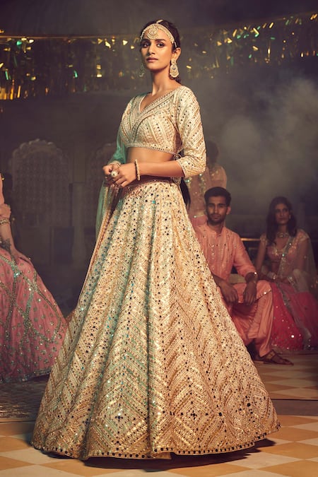 Abhinav Mishra Gold Chanderi V Neck Embroidered Bridal Lehenga Set 