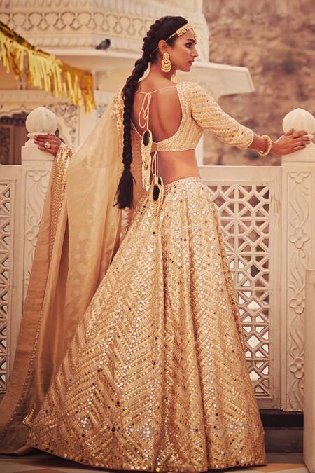 Shop_Abhinav Mishra_Gold Chanderi, Tissue Organza V Neck Embroidered Bridal Lehenga Set _at_Aza_Fashions