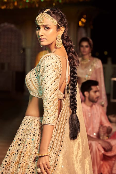 Abhinav Mishra_Gold Chanderi, Tissue Organza V Neck Embroidered Bridal Lehenga Set _Online_at_Aza_Fashions
