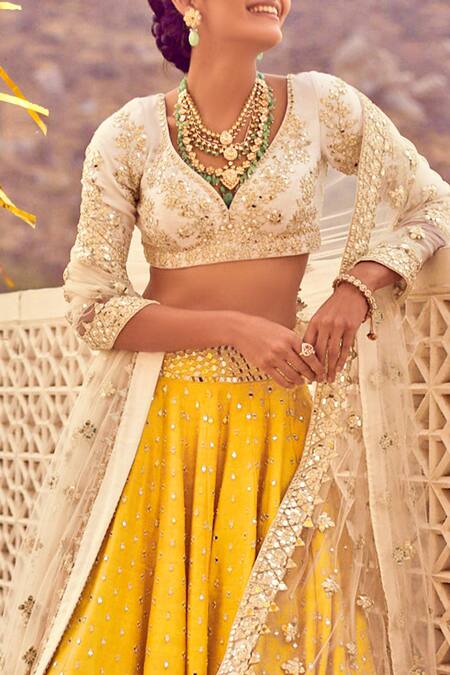 Shop Abhinav Mishra Yellow Raw Silk, Net Leaf Neck Embroidered Lehenga Set at Aza Fashions Shop_Abhinav Mishra_Yellow Raw Silk, Net Leaf Neck Embroidered Lehenga Set_at_Aza_Fashions