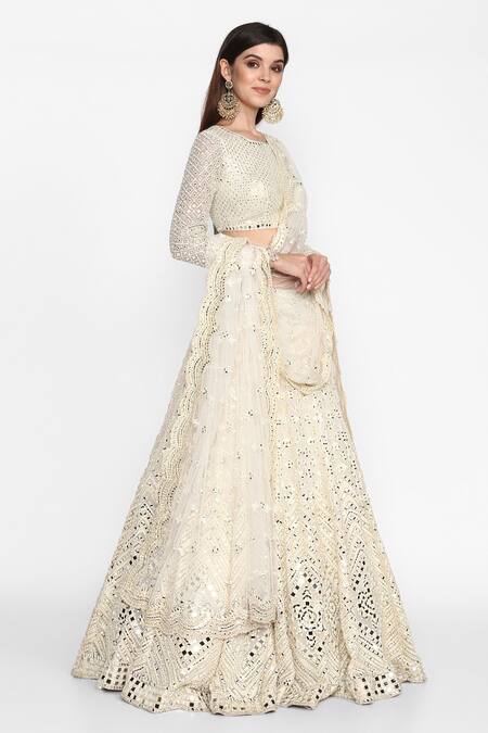 Abhinav Mishra_White Raw Silk Round Embroidered Bridal Lehenga Set_Online_at_Aza_Fashions