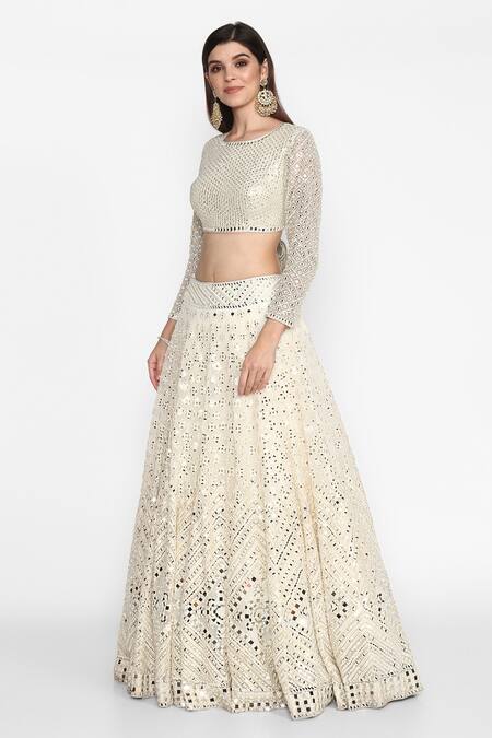 Buy_Abhinav Mishra_White Raw Silk Round Embroidered Bridal Lehenga Set_Online_at_Aza_Fashions
