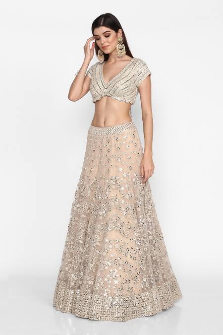 Abhinav Mishra_Peach Raw Silk, Organza, Net V Neck Embroidered Bridal Lehenga Set_Online_at_Aza_Fashions