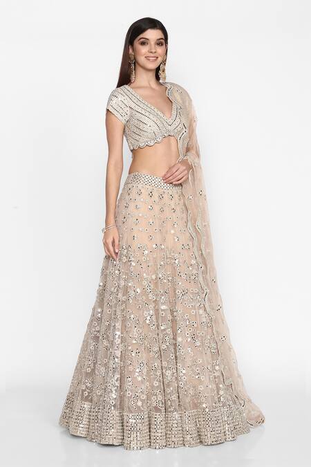 Buy_Abhinav Mishra_Peach Raw Silk, Organza, Net V Neck Embroidered Bridal Lehenga Set_Online_at_Aza_Fashions