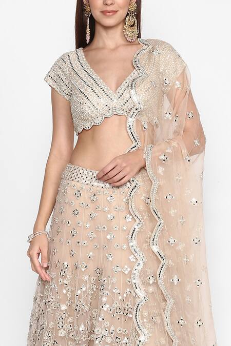 Shop_Abhinav Mishra_Peach Raw Silk, Organza, Net V Neck Embroidered Bridal Lehenga Set_Online_at_Aza_Fashions