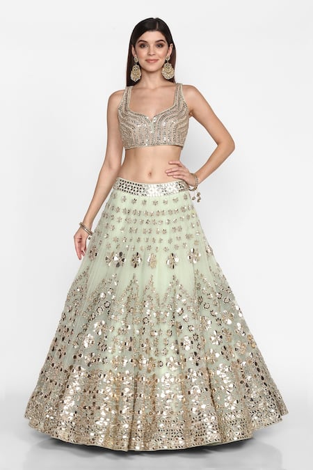 Abhinav Mishra Green Net Leaf Neck Embroidered Bridal Lehenga Set 