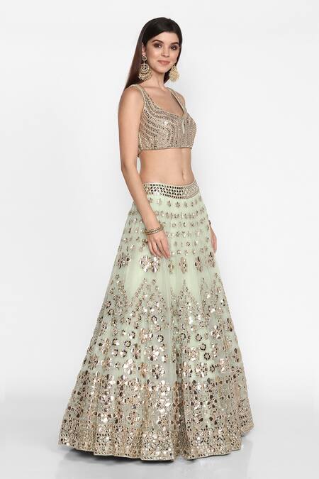 Abhinav Mishra_Green Net Leaf Neck Embroidered Bridal Lehenga Set_Online_at_Aza_Fashions