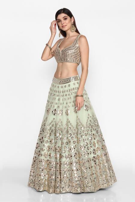 Buy_Abhinav Mishra_Green Net Leaf Neck Embroidered Bridal Lehenga Set_Online_at_Aza_Fashions
