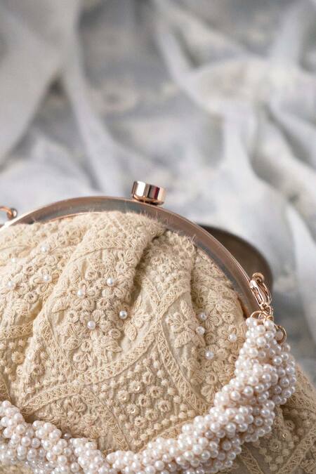Buy_Amyra_Beige Embroidery, Beads Oyster Thread Clutch_Online_at_Aza_Fashions