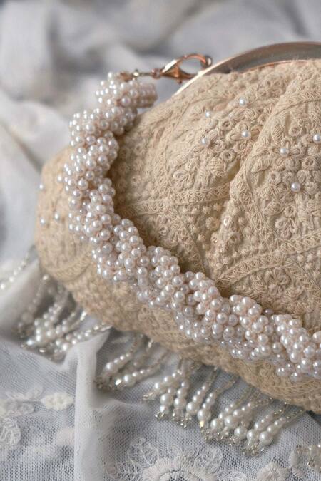 Shop_Amyra_Beige Embroidery, Beads Oyster Thread Clutch_Online_at_Aza_Fashions