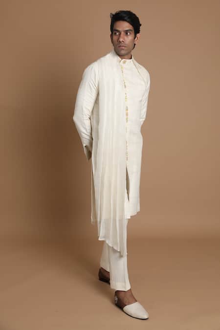 House Of Armuse_White Handloom Silk Floral Draped Kurta _Online_at_Aza_Fashions