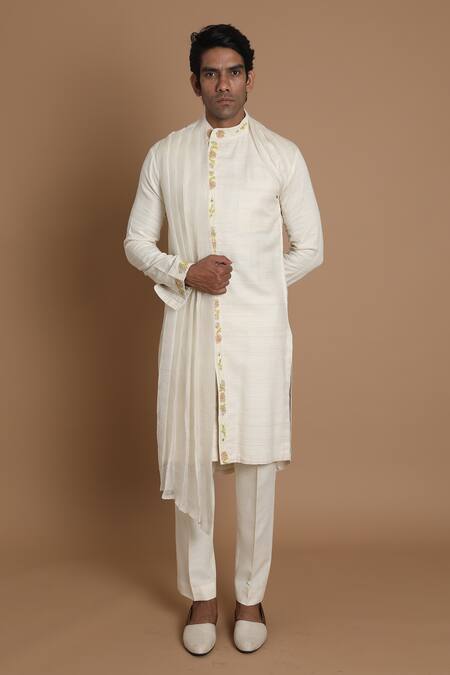 Buy_House Of Armuse_White Handloom Silk Floral Draped Kurta _Online_at_Aza_Fashions