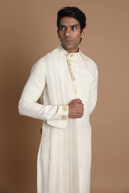 Shop_House Of Armuse_White Handloom Silk Floral Draped Kurta _Online_at_Aza_Fashions