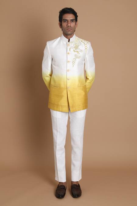 House Of Armuse_White Bandhgala-raw Silk Embroidered Floral Raw Set _Online_at_Aza_Fashions