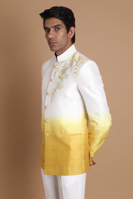 Buy_House Of Armuse_White Bandhgala-raw Silk Embroidered Floral Raw Set _Online_at_Aza_Fashions
