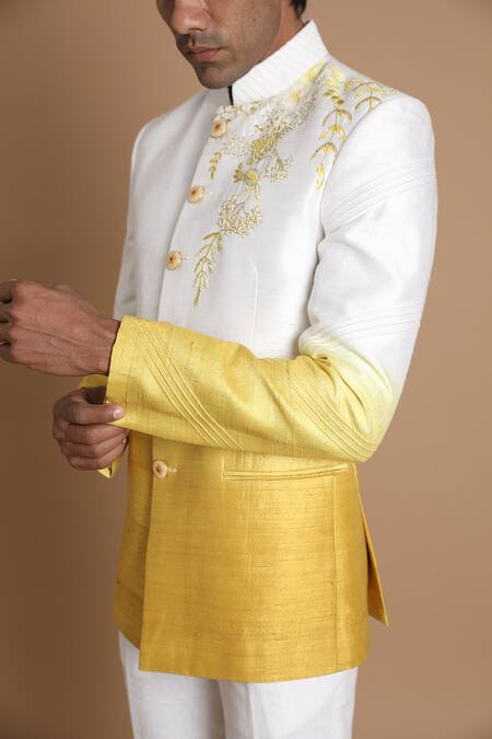 Shop_House Of Armuse_White Bandhgala-raw Silk Embroidered Floral Raw Set _Online_at_Aza_Fashions